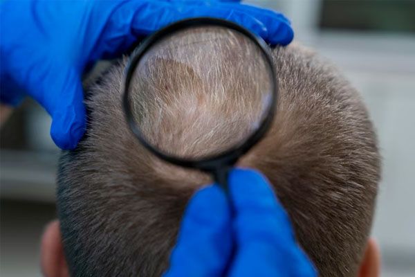 Mani con guanti blu pinspecting man con una lente d'ingrandimento - I primi giorni dopo il trapianto capelli