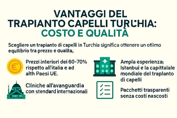Infografica sui vantaggi del trapianto di capelli in Turchia