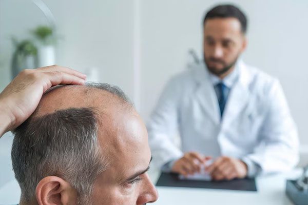 Primo piano di un uomo calvo sullo sfondo, un medico seduto alla sua scrivania - migliori cliniche trapianto capelli Turchia