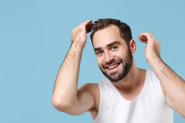 Un giovane uomo barbuto sui vent'anni si esamina i capelli indossando una camicia bianca, isolato in un ritratto in studio, con sfondo di parete blu pastello - miglior clinica trapianto capelli turchia