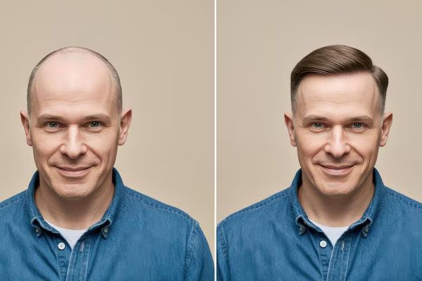 Due fotografie dello stesso uomo una accanto all'altra, una con i capelli e l'altra calva - trapianto capelli Italia