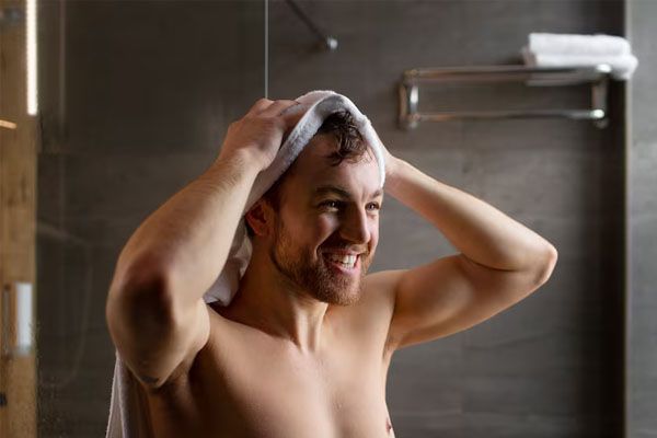 Piano medio di un uomo secco con un asciugamano -shampoo e trattamenti per protegere il trapianto