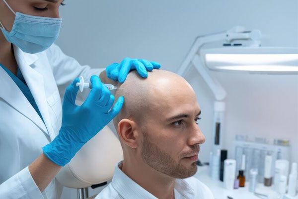 Un medico con siringa e guanti blu esegue un trapianto di capelli su un giovane uomo - densità aumentata nel trapianto capelli