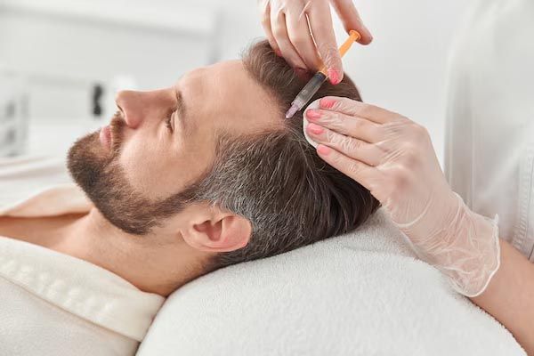 scatto di un uomo che riceve un trattamento per capelli - trapianto di capelli con un pagamento rateale