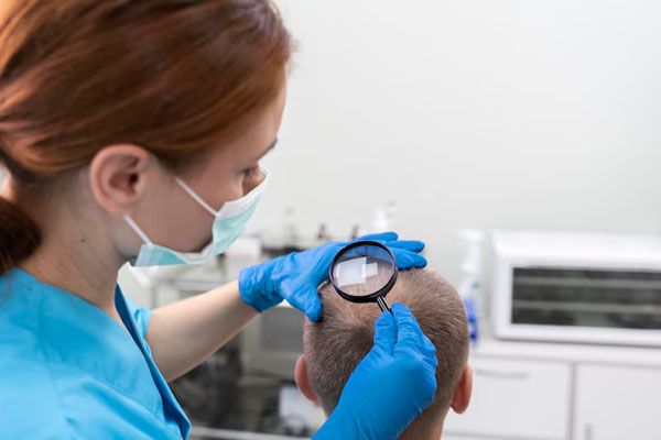specialista visita uomo adulto con problemi di calvizie