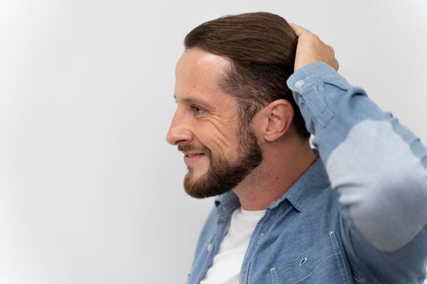 uomo sorridente di profilo che si accarezza i capelli