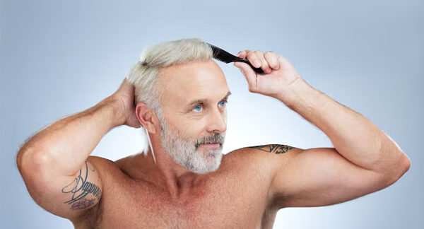 Uomo maturo che spazzola i capelli come trattamento per la salute del cuoio capelluto con un pettine su