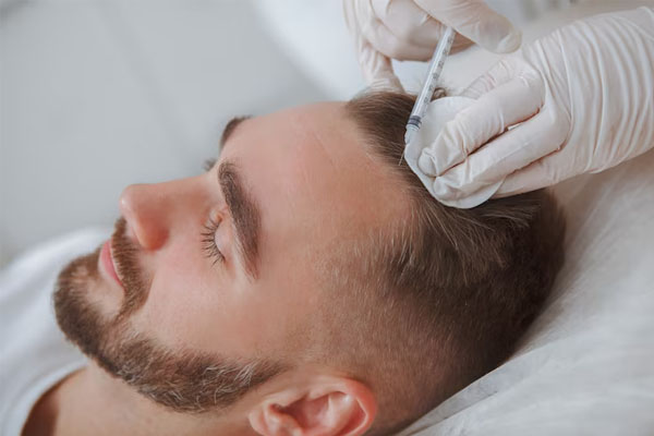 estetista che esegue iniezioni a un cliente maschio per il trattamento della caduta dei capelli