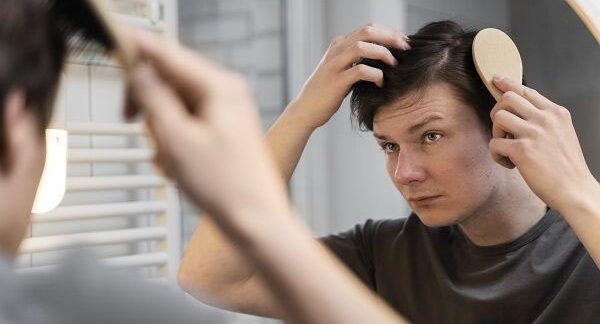Un giovane si pettina i capelli davanti allo specchio.