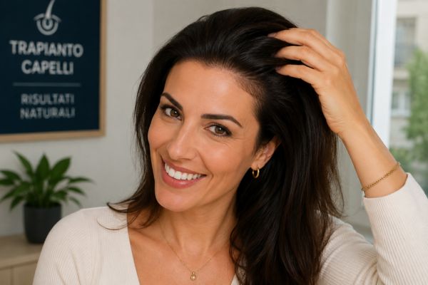 Donna sorridente con capelli folti e sani