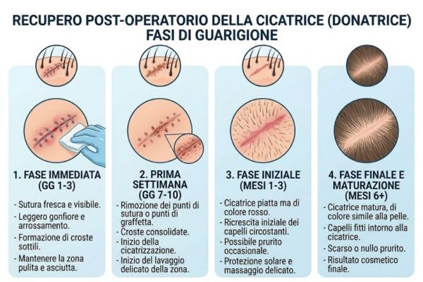 Illustrazione che mostra le fasi del trapianto di cicatrice, dalla preparazione alla chiusura.