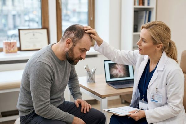 Immagine di una paziente in consultazione con uno specialista, sottoposta a valutazione per un innesto di tessuto cicatriziale.