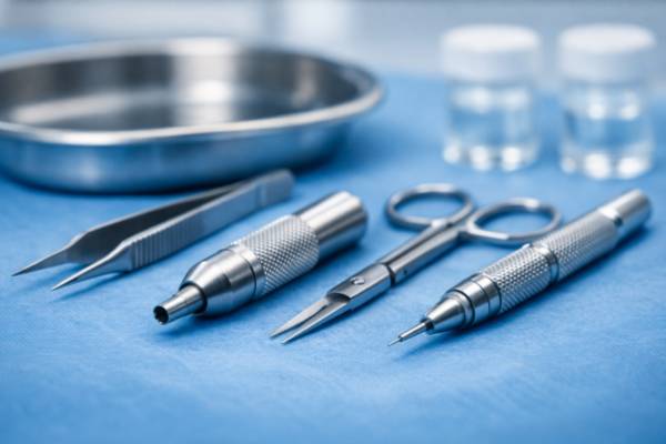 Primo piano di strumenti microchirurgici dettagliati
