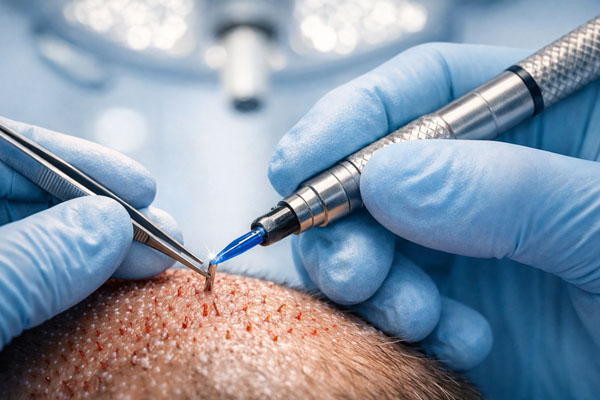 Dettaglio macro di una lama in zaffiro artificiale utilizzata per le microincisioni nel trapianto di capelli FUE.