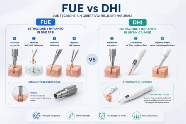 Grafica medica che confronta visivamente i passaggi chiave e i tassi di successo delle tecniche FUE e DHI