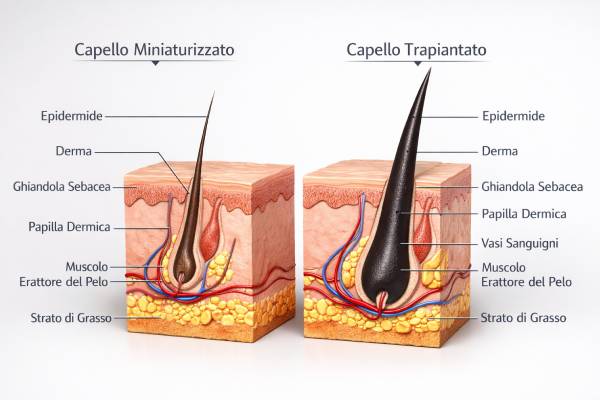 Diagramma medico in 3D che mostra la differenza di struttura tra un capello nativo miniaturizzato dal DHT e un capello trapiantato sano.
