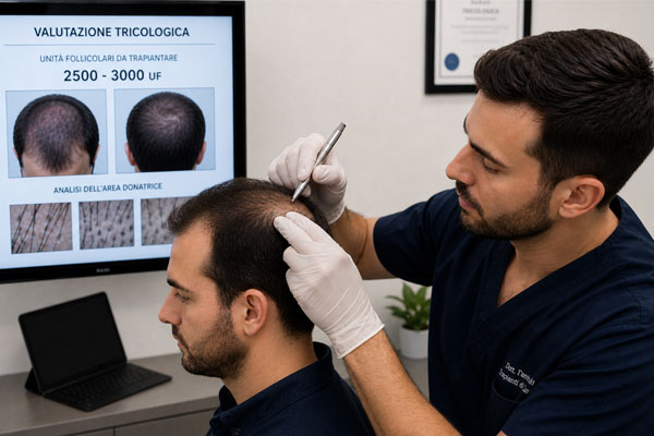 Un medico chirurgo illustra i dati dell'analisi della densità capillare a un paziente durante una visita di controllo.