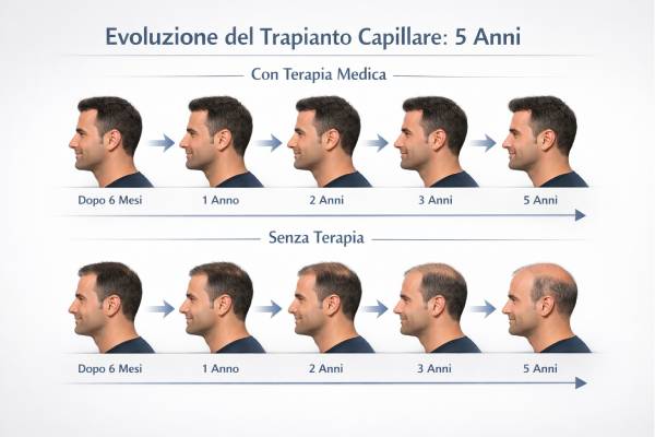 Grafica comparativa che illustra il mantenimento della densità capillare con cure mediche rispetto al diradamento naturale dopo cinque anni senza trattamenti