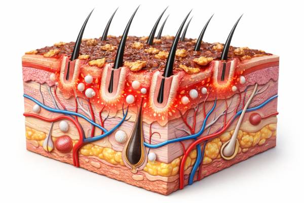Diagramma medico 3D dell'innesto capillare inserito nel cuoio capelluto in fase di guarigioneDiagramma medico 3D dell'innesto capillare inserito nel cuoio capelluto in fase di guarigione