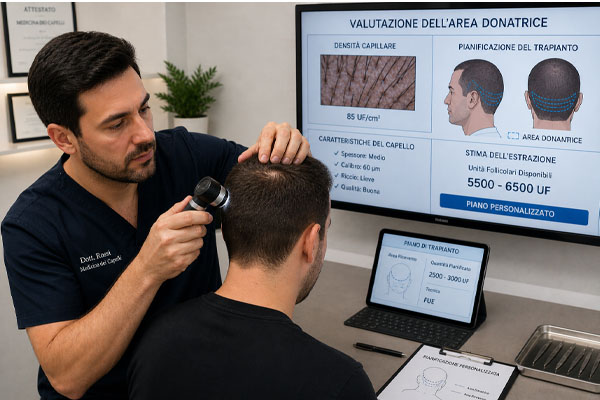 Interno di una sala operatoria moderna e sterile attrezzata con microscopi ad alta risoluzione per il trapianto di capelli