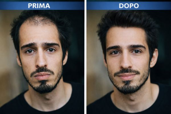 Prima e dopo un trapianto di capelli riuscito