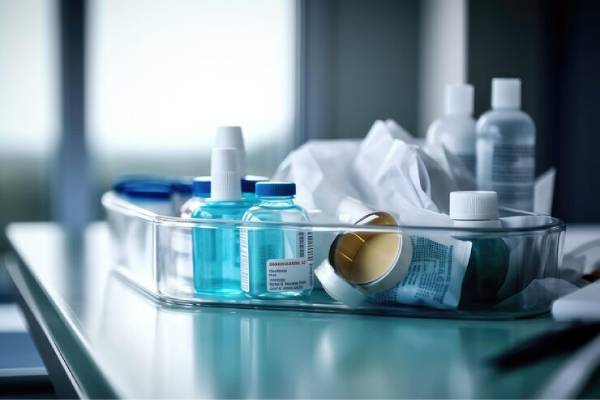 Primo piano di prodotti antimicrobici e strumenti sterilizzati pronti all’uso, stile fotografico professionale