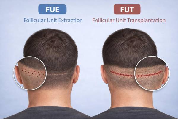 Illustrazione comparativa della zona donante con diverse lunghezze dei capelli per mostrare come l'acconciatura possa influire sulla visibilità della cicatrice