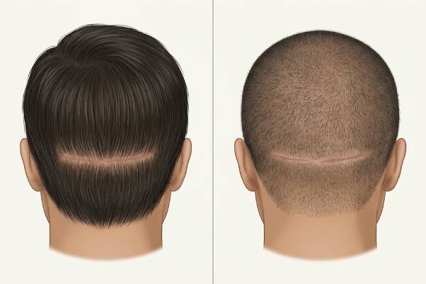 Illustrazione comparativa della zona donante con diverse lunghezze dei capelli per mostrare come l'acconciatura possa influire sulla visibilità della cicatrice