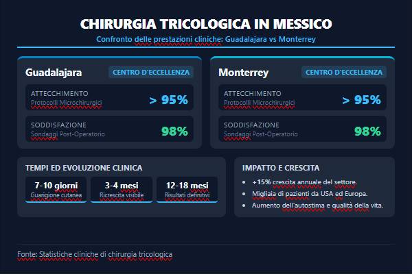 Infografica che confronta i tassi di successo e soddisfazione tra cliniche di Guadalajara e Monterrey