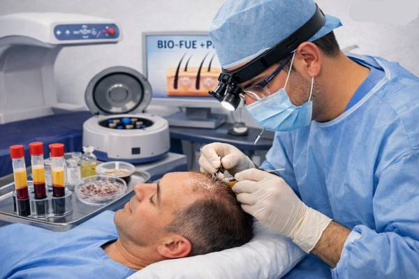 Procedura di Bio-FUE con PRP in corso, tecnica innovativa per la ricrescita dei capelli