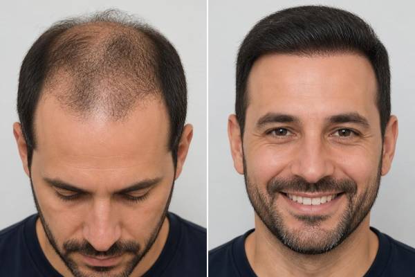 Immagini prima e dopo di un trattamento di trapianto di capelli, con risultati naturali