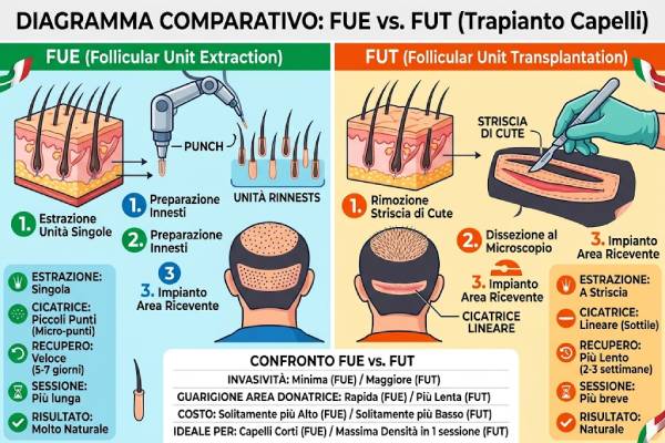 Confronto tra le tecniche di trapianto di capelli FUE e FUT e i loro rischi di infezione