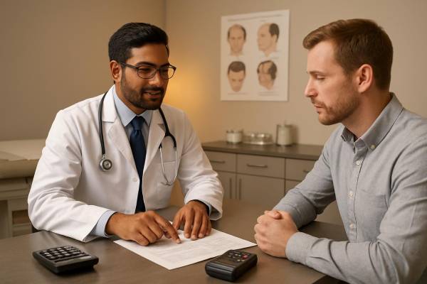 Medico e paziente esaminano un preventivo durante una consulenza per un trapianto di capelli