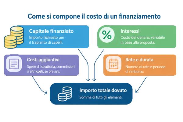 infográfica che ilustra le componente del costo totale di un finanziamento per un trapianto di capelli