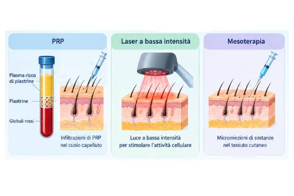 Infografica che confronta PRP  terapia laser a bassa intensità e mesoterapia illustrando le modalità di applicazione dei tre trattamenti per il cuoio capelluto