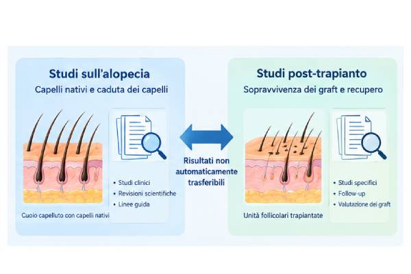 Illustrazione che distingue gli studi sulla caduta dei capelli in generale dalle ricerche sulla sopravvivenza dei graft e sul recupero dopo il trapianto