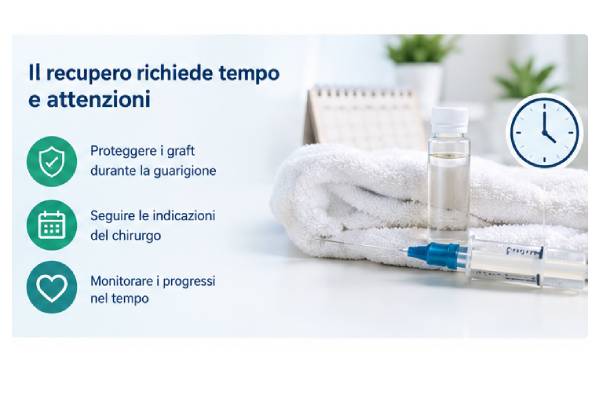 Illustrazione informativa sull'importanza di rispettare le indicazioni postoperatorie proteggere le unità follicolari trapiantate e monitorare il recupero con il medico