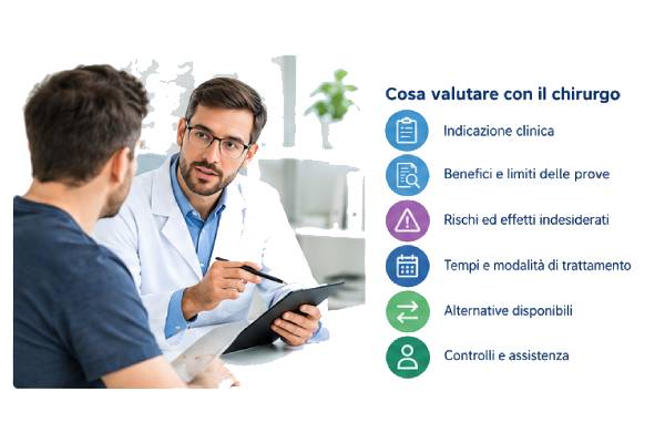 Paziente durante un colloquio con il chirurgo per discutere i trattamenti complementari dopo il trapianto di capelli i benefici attesi i rischi e le alternative disponibili